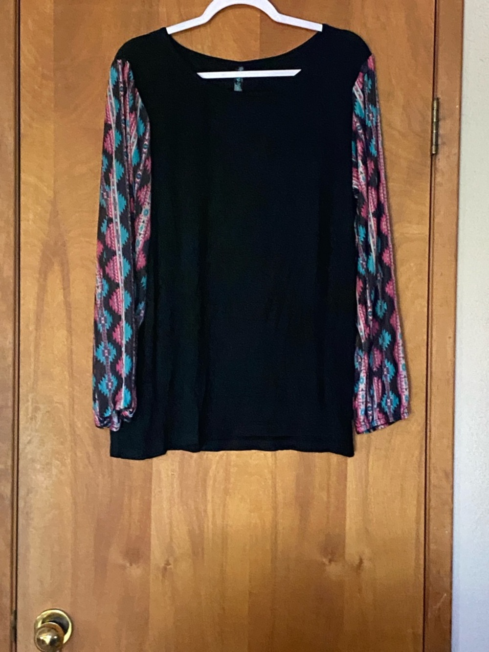 Black Long-Sleeve Women's Top with Patterned Pink & Teal Sleeves